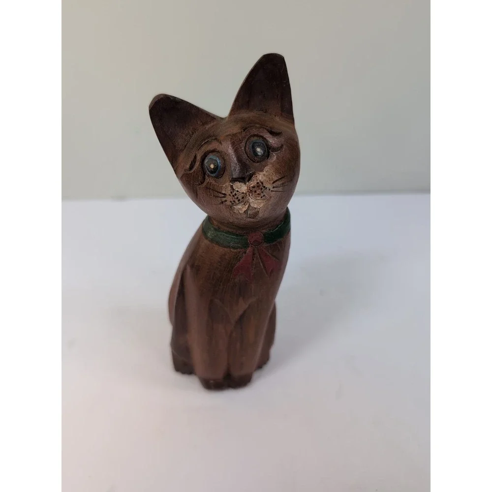 Vintage Wooden 7in Cat Sculpture‎ Handmade Folk Art